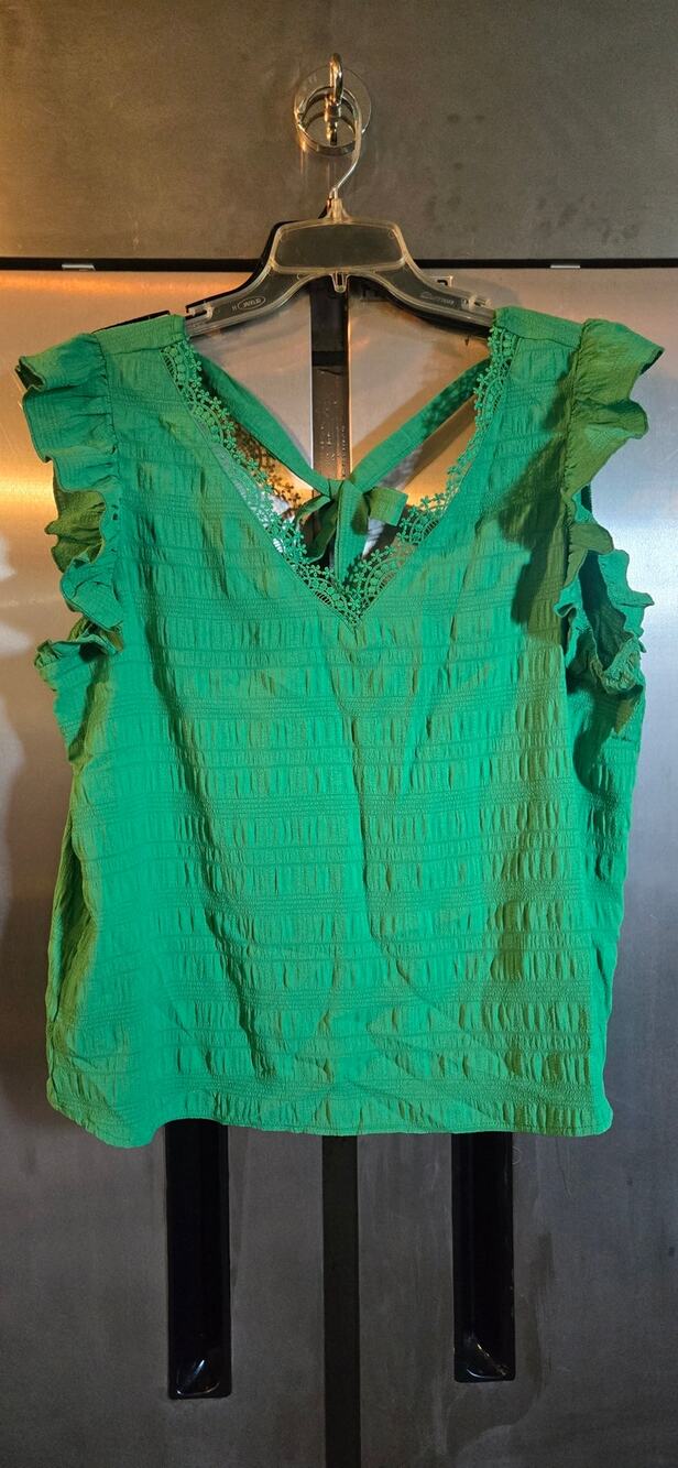 Shein Green Crochet Lace Trim Tie Neck Ruffle Sleeve Top Size XL